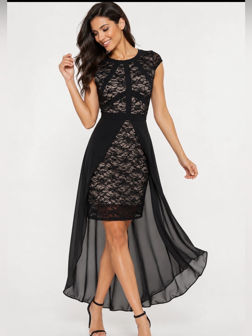 Morgan & Co. Black Lace High-Low Chiffon Overlay Dress 11/12